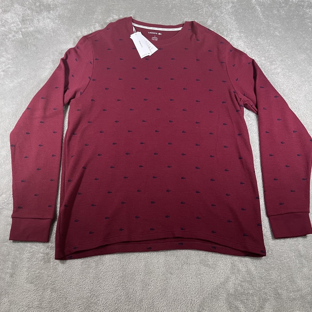 Lacoste Sleepwear‎ Shirt Mens XL Burgundy Waffle Long Sleeve Croc Print TH8088